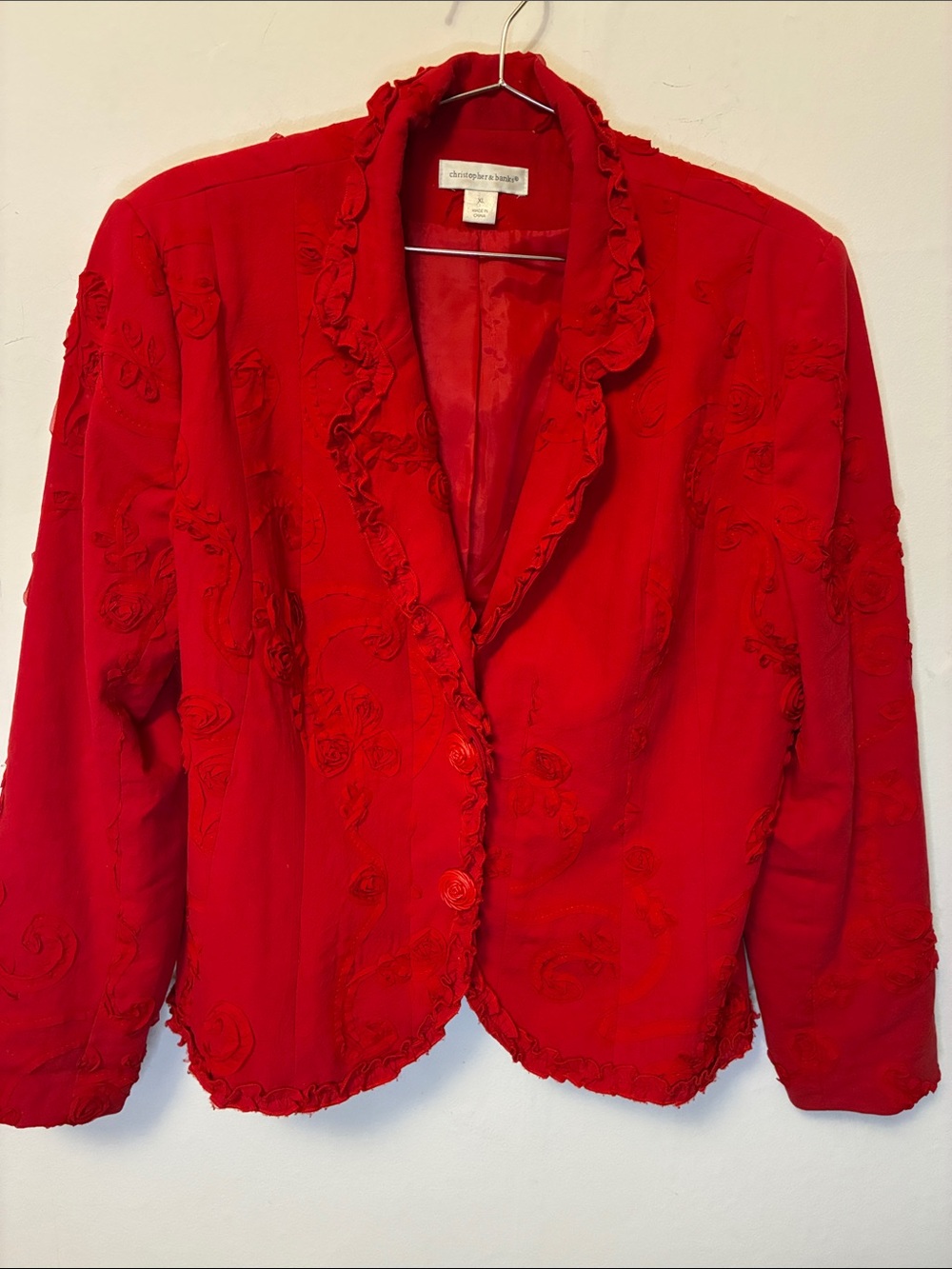 Vintage Christopher & Banks Red Ruffle-Trim Floral Appliqué Embroidered Blazer - Picture 1 of 9